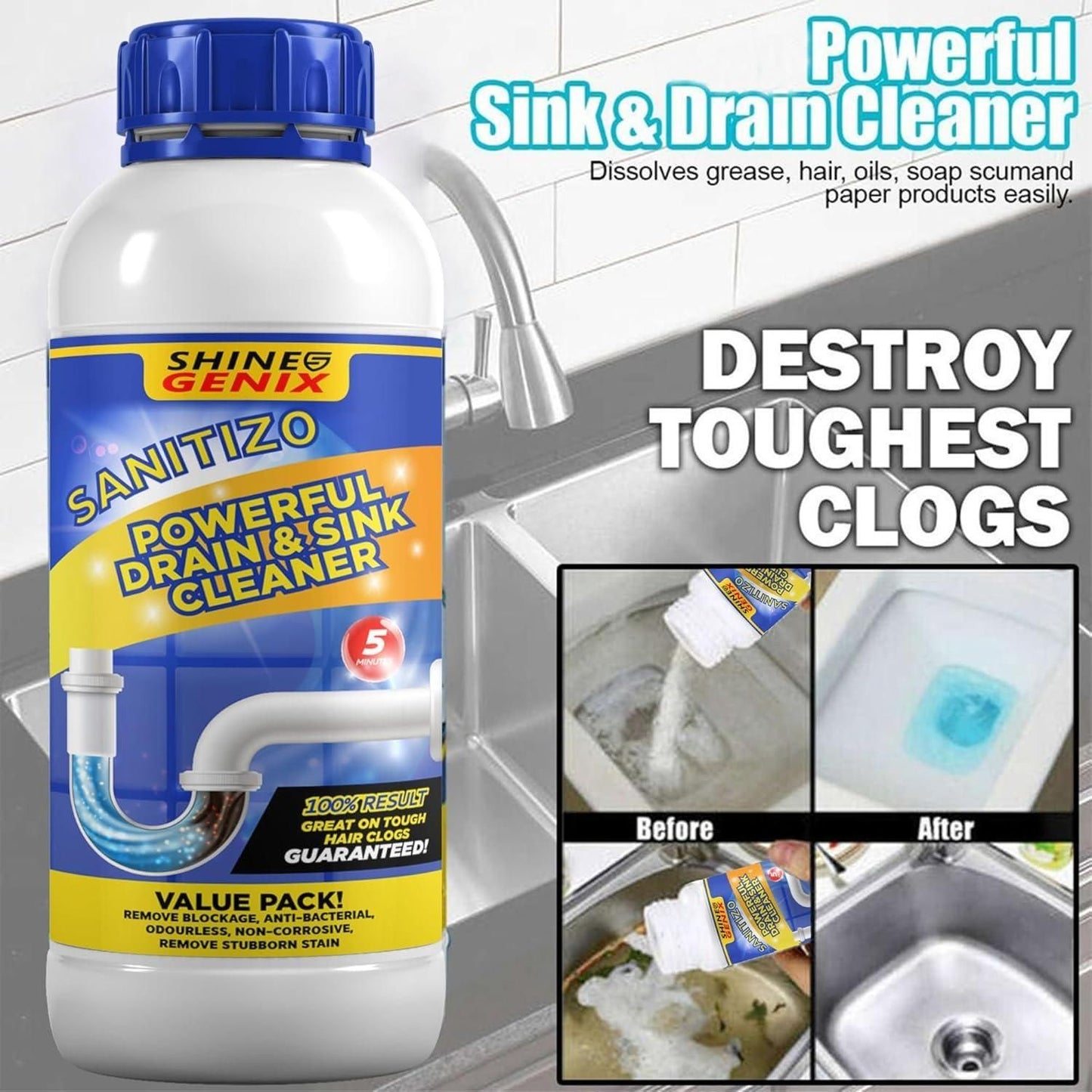 (DH) Sanitizo Powerful Drain & Sink Cleaner Powder 100 gm Each(Pack of 4)