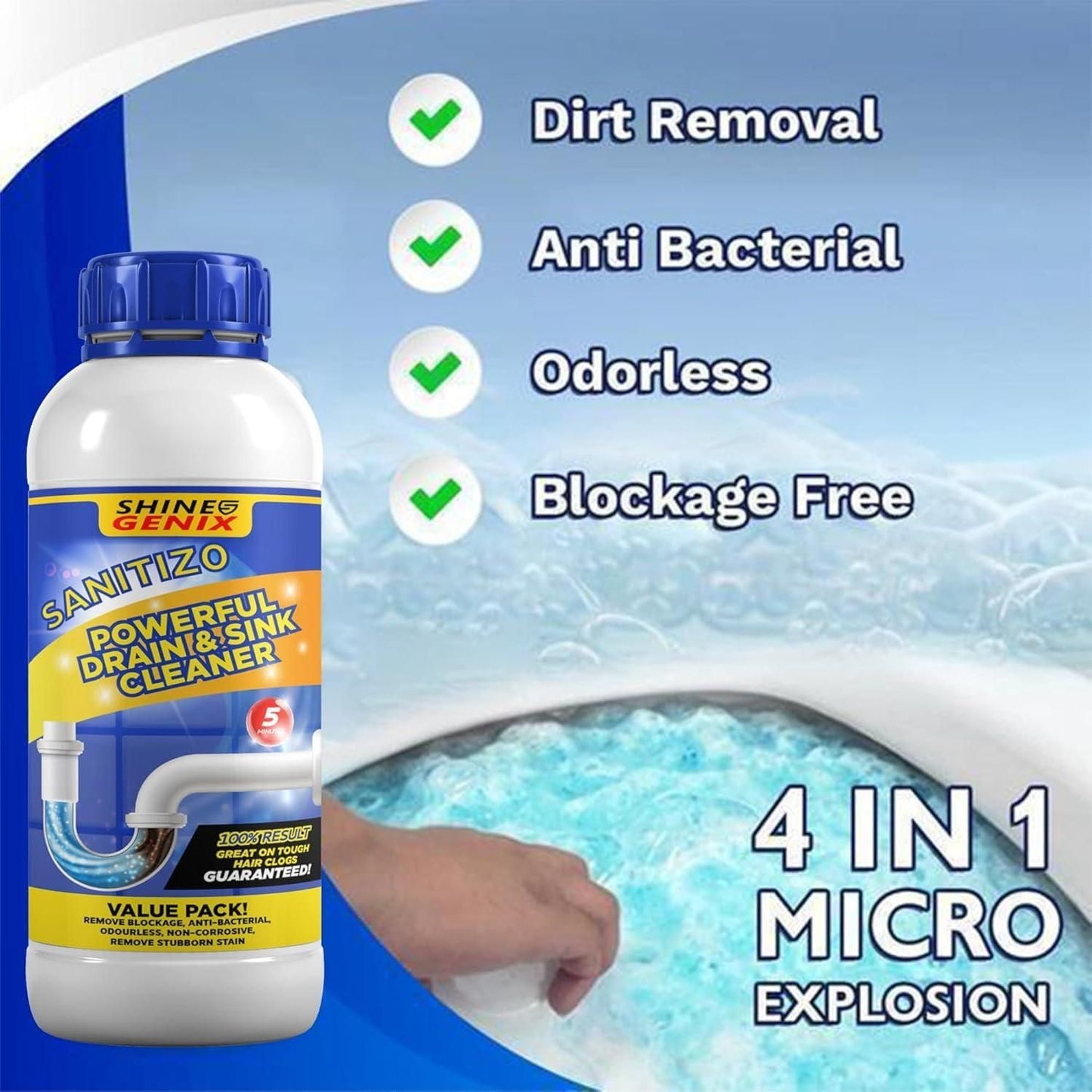 (DH) Sanitizo Powerful Drain & Sink Cleaner Powder 100 gm Each(Pack of 4)